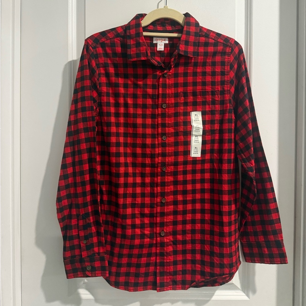 Red and Black Plaid Button-Up Shirt